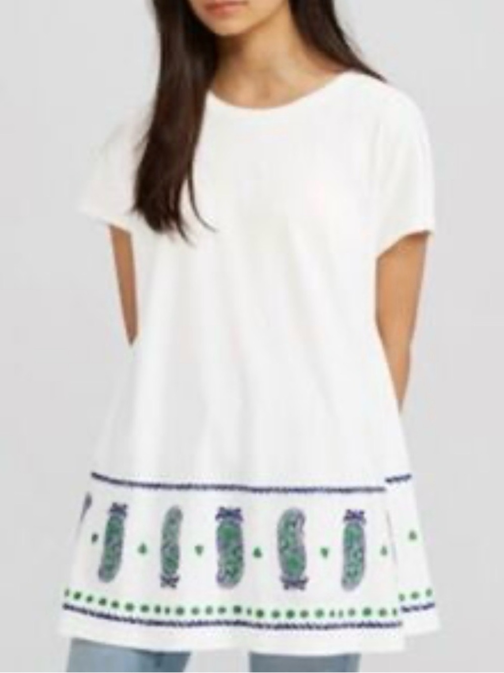 Anna Sui White Short Sleeve Tunic with Green & Blue Embroidered Hem